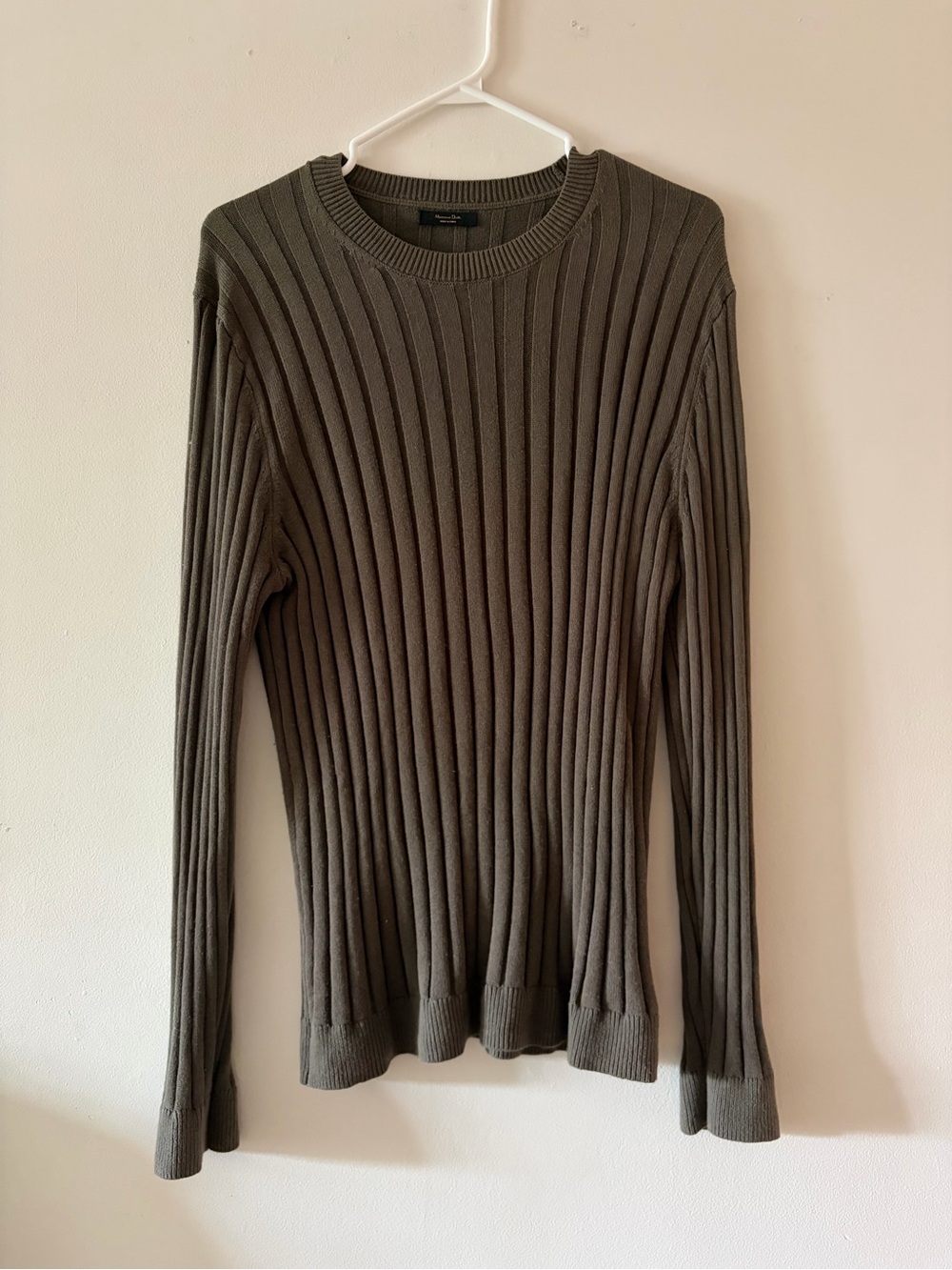 Massimo Dutti Olive Ribbed Crewneck Sweater